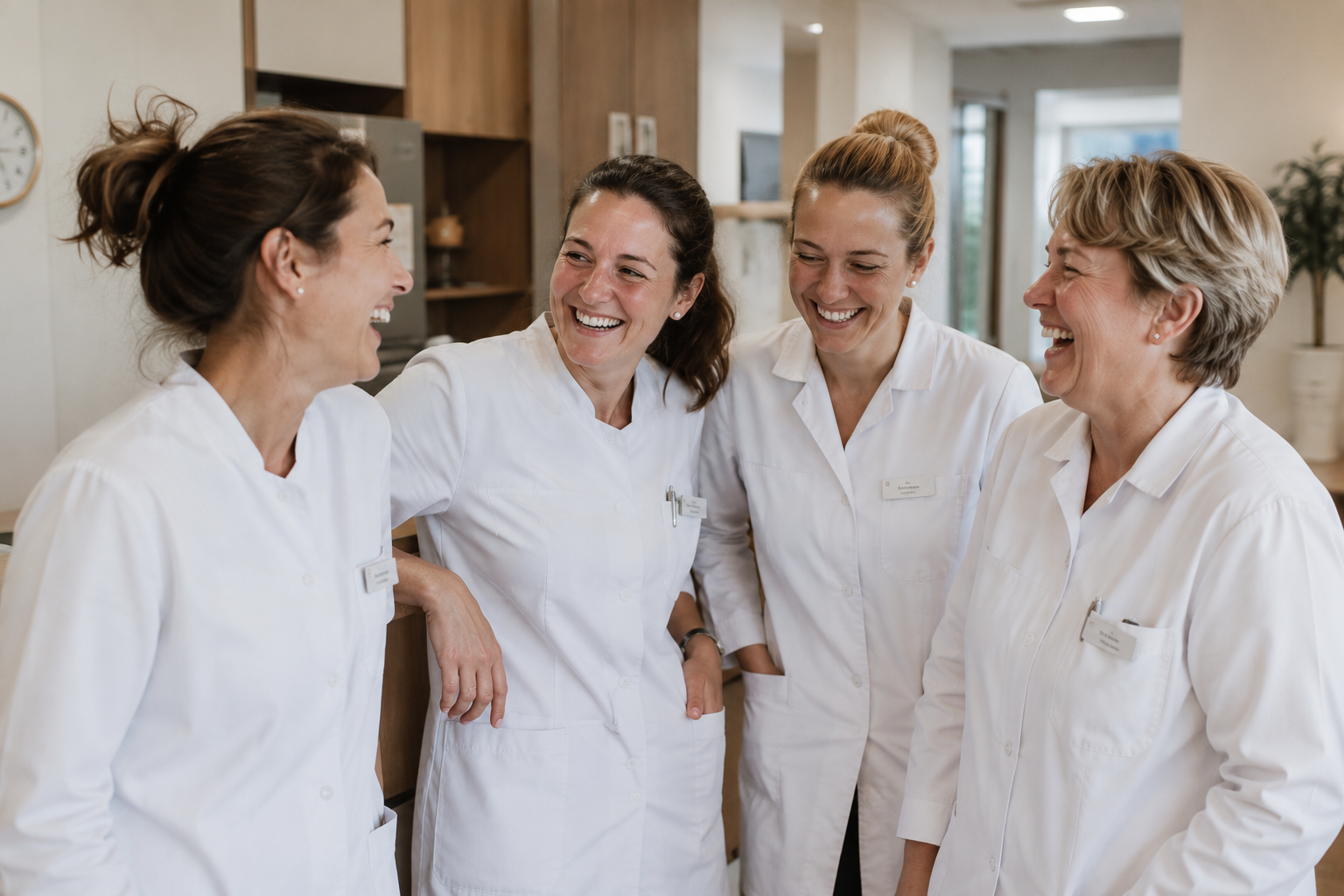 Vier Pflegekräfte in weißen Kitteln lachen gemeinsam in der hellen Einrichtung